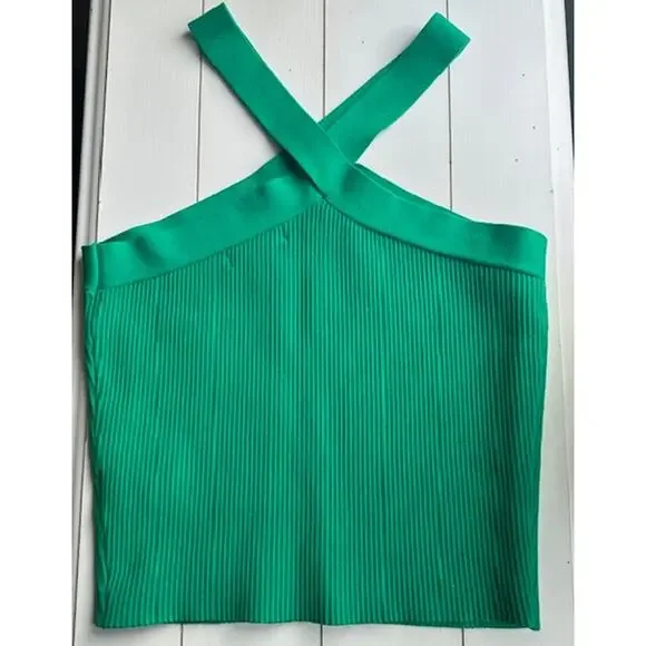 House Of Harlow 1960 Green Crop Ribbed Sculpt Knit Criss Cross Top Large - Picture 3 of 8